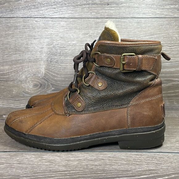 Ugg Cecile Brown Leather Lace Women’s Sz 8 Warm Shearling Waterproof Duck Boots - Picture 3 of 12